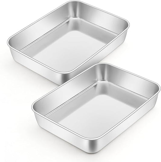 Leonyo Stainless Steel Baking Trays, 9.3 x 7 Inch Bakeware Cake Pan, Rectangle Lasagna Pan for Commercial Kitchen, Focaccia Bread, Casserole Dish - 2 Inch Deep