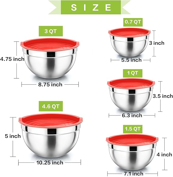 P&P CHEF Mixing Bowl with Airtight Lid Set of 5, 10-Piece Stainless Steel Nesting Salad Bowl Set for Prepping, Mixing and Serving, Size 4.6, 3, 1.5, 1, 0.7 QT, Rimmed Edges & Flat Base, Red