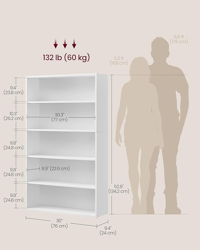 VASAGLE Custos Collection - Bookshelf, 5-Tier Bookcase, Book Shelf, Open Storage Shelf, 9.4 x 30 x 52.8 Inches, for Living Room, Home Office, Dinning Room, Cloud White ULBC175T14