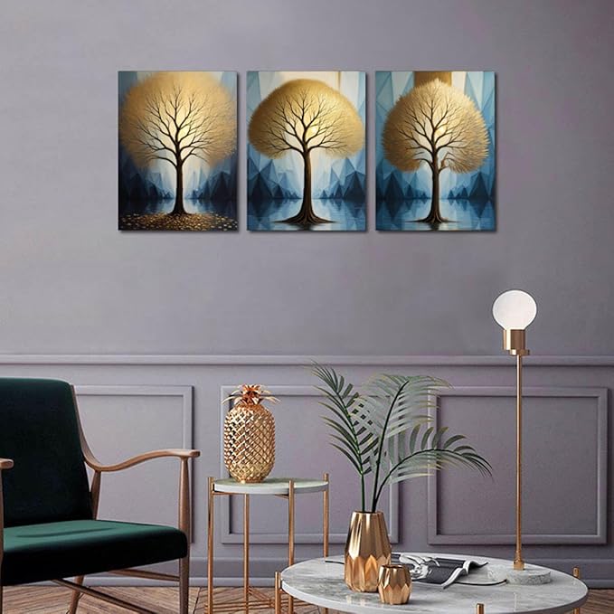 Arjun Tree Wall Art Gold Heart Shape Landscape Tree of Life Painting Teal Geometric Mountain Framed for Bathroom Living Room Bedroom Dinning Room Kitchen Home Office Wall Decor, 12"x16"x3 Panels