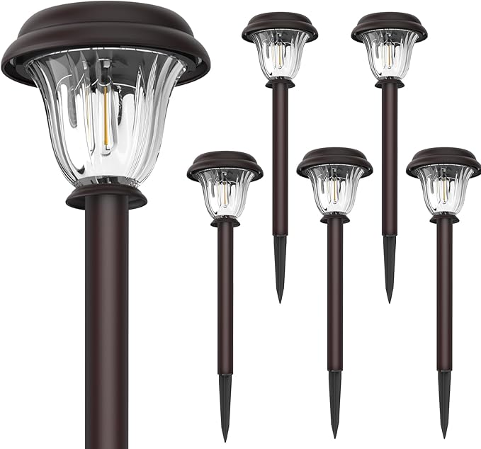 DERAYSION Solar Lights Outdoor 6 Pack, Stainless Steel Glass Solar Pathway Lights, Auto On/Off Long-Lasting Waterproof Landscape Lighting for Garden, Landscape, Path, Yard, Warkway (Warm White)