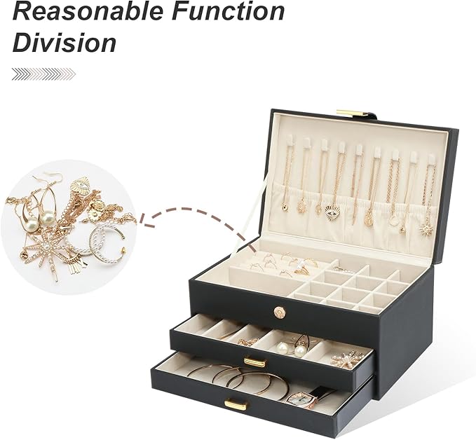 Jewelry Holder Organizer, Leather Jewelry Set Box with 2 Drawers, Jewelry Storage Box for Women Girls(Black)