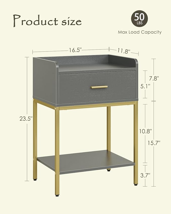 Nightstand,3-Tier Modern Night Stand,Bedside Table with Storage Drawer and Shelf,Small Side Table for Bedroom,Living Room,Gray