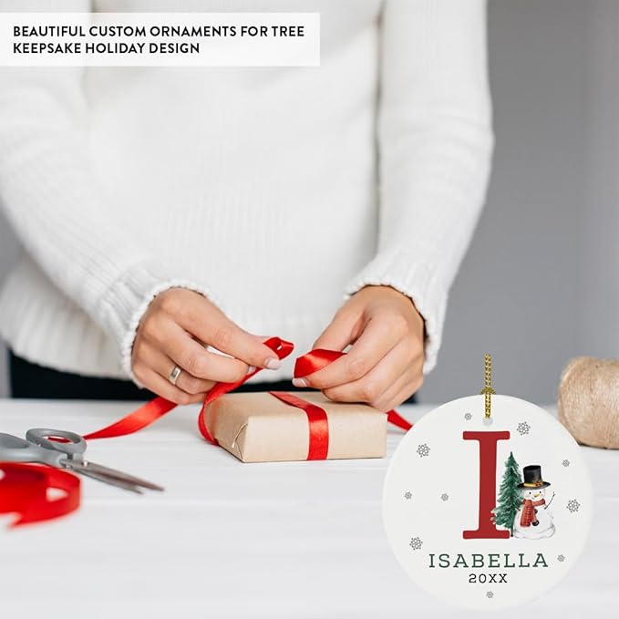 Andaz Press Personalized Ornament, Custom Name, Initial I Monogram Snowman 2.8" Ceramic Porcelain 2025 Christmas Ornament Keepsake for Kids, Boys, Girls, Includes Gold Ribbon & Gift Box, 1-Pack