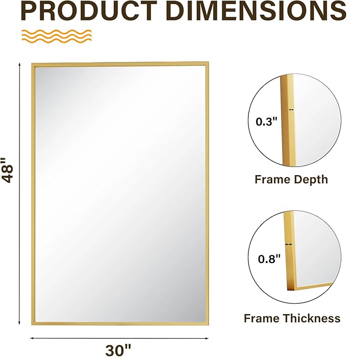 HARRITPURE 48"x30" Framed Bathroom Mirror for Wall Rectangle Mirror Aluminum Alloy Frame Wall-Mounted for Farmhouse Entryway Bedroom Living Room Gold