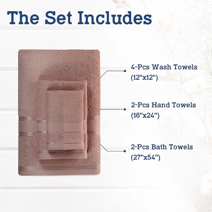 Casa Lino Bath Towel Set of 8 (2 Bath Towels, 4 Wash Cloths & 2 Hand Towels for Bathroom) - 100% Cotton - Highly Absorbent & Quick Dry - Guest Room Essentials for Bathroom Set - (Coffee Brown)