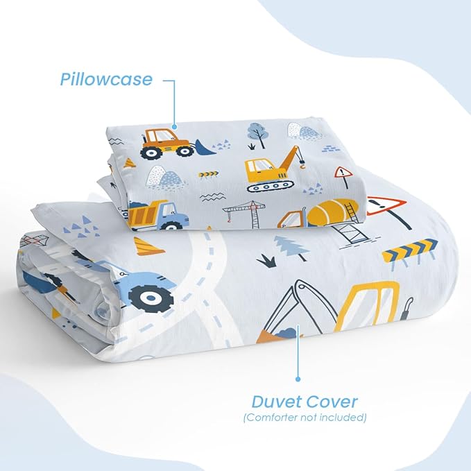 SANDJEST Construction Duvet Cover Sets Twin Size for Kids Boys, Include 1 Polyester Comforter Cover 68x86 Inches and 1 Pillowcase 20x26 Inches, Comforter Not Included, Gift for Christmas Birthday
