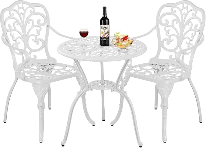 Cast Aluminum Bistro Table and Chairs Set of 2 with Umbrella Hole for Yard (WHITE1)