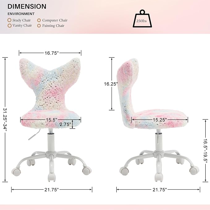 Fuzzy Desk Chair, Cute Swivel Children Desk Chair with Wheels for Kids Bedroom Upholstered Rolling Study Chair Adjustable Computer Chair Mermaid Back Vanity Chair for Teen Girls Boys, Star Colorful