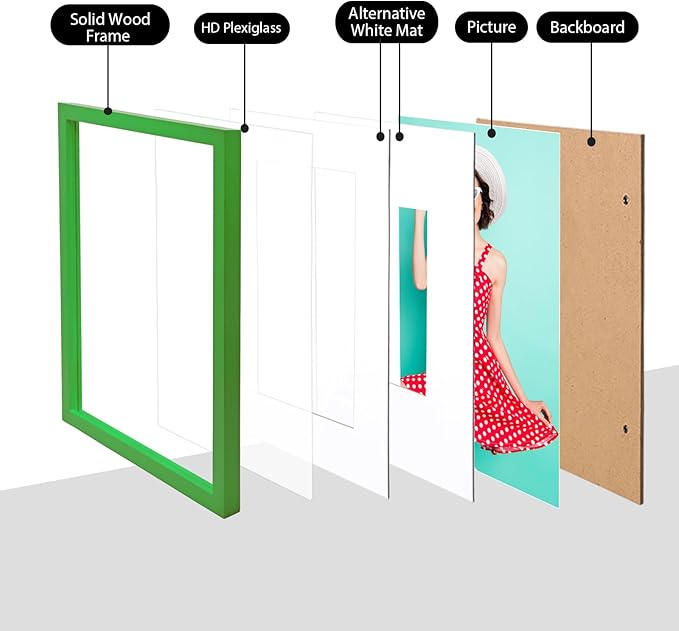 KINLINK 12x16 Picture Frame Grass Green, Solid Wood Frames with Acrylic Plexiglass for Pictures 11x14/9x12 with Mat or 12x16 without Mat, Wall Display Photo Frame, 4 Pack