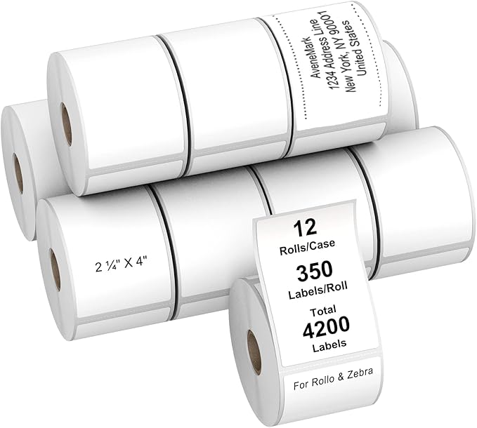 AveneMark 12 Rolls Direct Thermal Label 2.25" x 4" Shipping Labels for Mailing, Postage, Address, Perforated & Compatible with Zebra Desktop Printers & Rollo Desktop Label Printer (350 Labels/Roll)