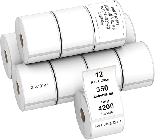 AveneMark 12 Rolls Direct Thermal Label 2.25" x 4" Shipping Labels for Mailing, Postage, Address, Perforated & Compatible with Zebra Desktop Printers & Rollo Desktop Label Printer (350 Labels/Roll)
