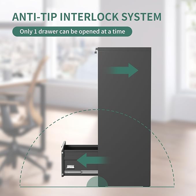 4 Drawer Vertical File Cabinet Home Office Metal Filing Cabinet, D17.7 Locking File Cabinets with Keys, Anti-Tilt Design, Steel Drawer Cabinet for A4/Legal/Letter,Need Assemble (Black)