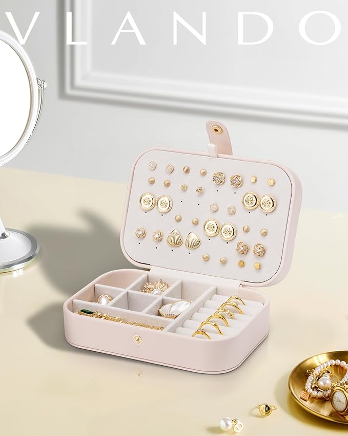 Vlando Travel Jewelry Case, PU Leather Travel Jewelry Box with Earring Holder, Portable Display Small Jewelry Box for Mothers Day Women Girls Gift - Pink