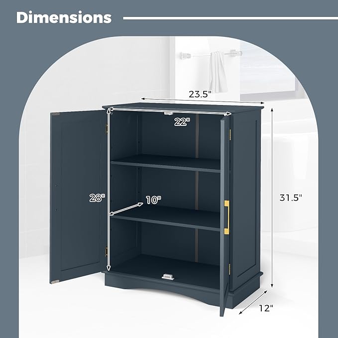 Tangkula Bathroom Floor Storage Cabinet, 31.5" H Freestanding Pantry Cabinet with 2 Doors and Adjustable Shelves, Kitchen Cupboard for Living Room, Dining Room, Bathroom (Navy Blue, 31.5" H)