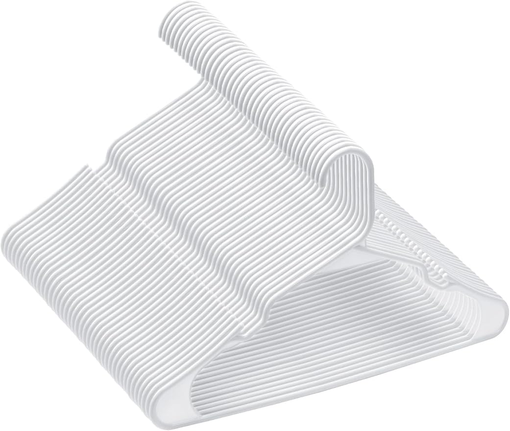 Cozymood Plastic Notched Hangers 50 Pack, Space Saving Tubular Clothes Hangers White, Slim Non-Slip Heavy Duty Plastic Hanger for Everyday Use, Standard Closet Hanger for Shirts, Coats, Dress, Skirts