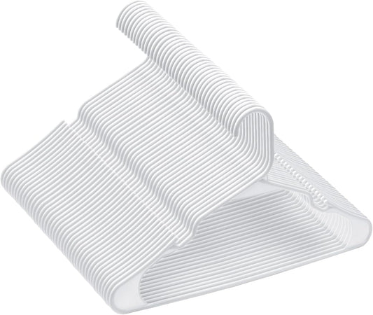 Cozymood Plastic Notched Hangers 50 Pack, Space Saving Tubular Clothes Hangers White, Slim Non-Slip Heavy Duty Plastic Hanger for Everyday Use, Standard Closet Hanger for Shirts, Coats, Dress, Skirts