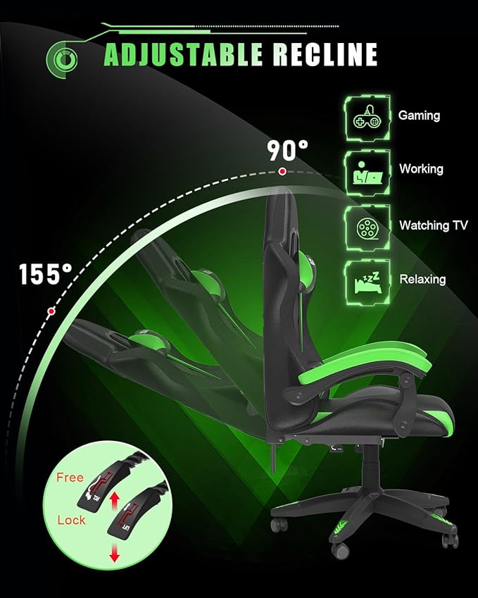 Bigzzia Gaming Chair with RGB LED Lights, High Back Ergonomic Computer Gamer Chair with Headrest and Lumbar Support, Racing Style Reclining Game Chair for Adults, Kids (Black/Green)