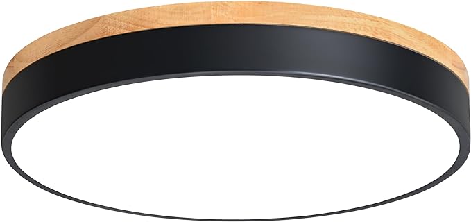 Dimmable Wood LED Flush Mount Ceiling Light, 5CCT 2700K-6000K Modern Black Close to Ceiling Lighting Fixtures, Minimalist Round Ceiling Lamp for Living Room, Bedroom, Laundry Room