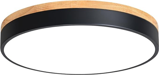 Dimmable Wood LED Flush Mount Ceiling Light, 5CCT 2700K-6000K Modern Black Close to Ceiling Lighting Fixtures, Minimalist Round Ceiling Lamp for Living Room, Bedroom, Laundry Room
