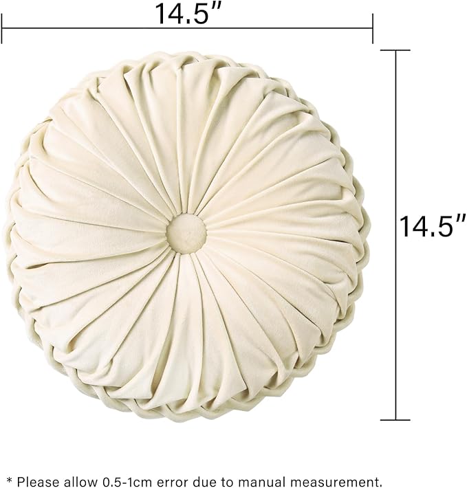 HIG Set of 2 Decorative Round Pleated Throw Pillows,Classy Accent Pumpkin Throw Pillows with Center Button,Vintage Velvet Floor Pillows for Sofa Vanity Chair Bed, Beige,14.6" Diameter(Ripple)