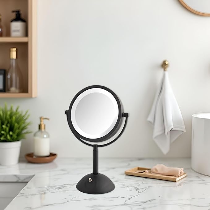 JERDON Lighted Makeup Mirror with Magnification - 1X and 8X Magnification - Black Makeup Mirror - Model HL8808BKL