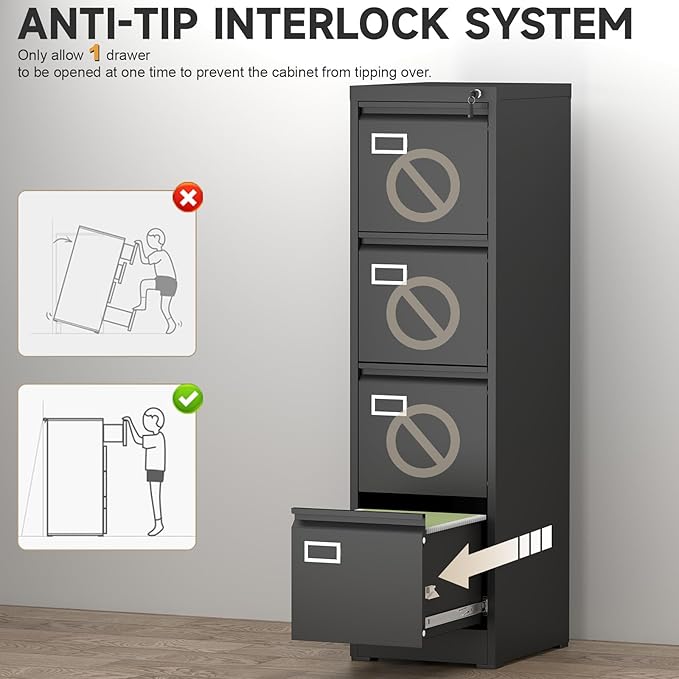 4 Drawer File Cabinet with Lock,Vertical Narrow Filing Cabinets for Home Office, Metal Black File Cabinet for A4 Legal/Letter Size
