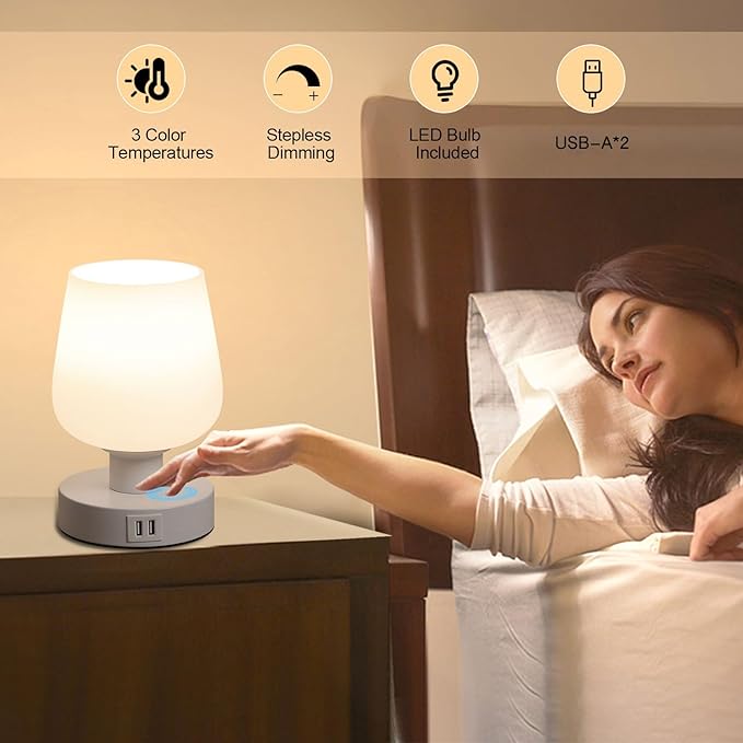 Touch Bedside Table Lamp with 2 USB Ports, Dimmable Small Table Lamp for Bedroom & Living Room with White Opal Glass Lamp Shade & LED Bulb, Modern Nightstand & Desk Lamp