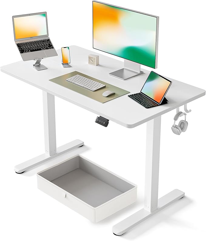 FEZIBO 40 x 24 Inches Standing Desk with Drawer, Adjustable Height Electric Stand up Desk with Storage, Sit Stand Home Office Desk, Ergonomic Computer Desk, White