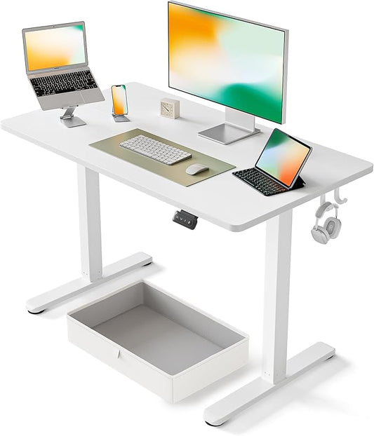 FEZIBO 40 x 24 Inches Standing Desk with Drawer, Adjustable Height Electric Stand up Desk with Storage, Sit Stand Home Office Desk, Ergonomic Computer Desk, White