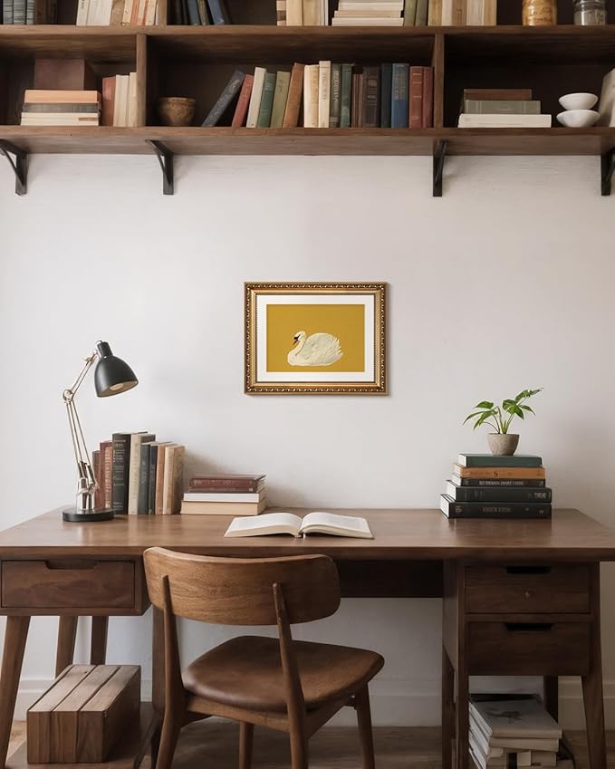VIYYIEA Gold Framed Wall Art, Swan Yellow Canvas Print Home Decor Vintage Art Painting Picture Bathroom Wall Decor, Animals Artwork for Living Room Bedroom Kitchen Office - 14L x 11W