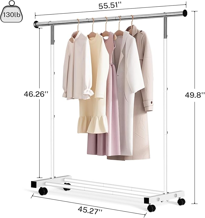 Clothing Rack, 55.51 Inch Heavy Duty Clothes Rack Rolling Garment Rack with Wheels and Bottom Shelf, 130LB Capacity Clothes Racks for Hanging Clothes, Coats, Shirts, Sweaters, Skirts, White