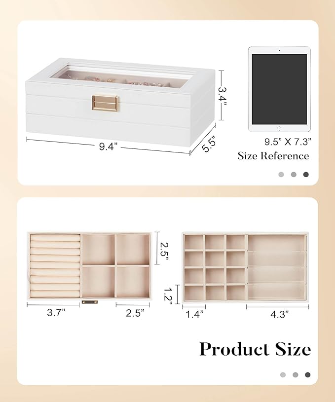 Homde Jewelry Tray Stackable Jewelry Box with Glass Lid, Removable Dividers for Vanity Table Gift Idea for Girls and Women (White)