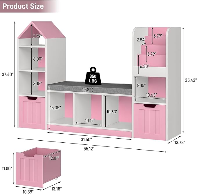 Kids Bookcase and Bookshelf with Reading Nook, Toy Storage Organizer for Kids, Pink Bookcase with 7 Storage Cubbies 2 Movable Drawers and Seat Cushion for Kids Room, Playroom, Bedroom