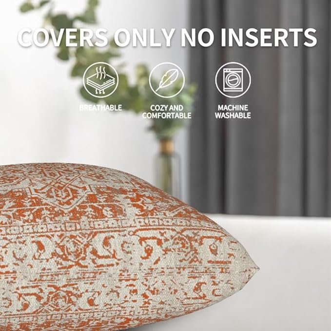 Fall Pillow Covers 20x20 Set of 2, Burnt Orange Boho Decorative Throw Pillows Ethnic Vintage Farmhouse Bohemian Carpet Pattern Pillow Cases Linen Gifts for Couch Sofa Outdoor Decor