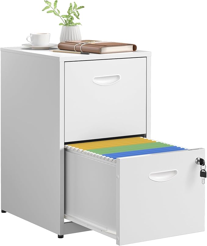 2 Drawer File Cabinet with Lock,White Metal Office Drawers Filing Cabinets for Home Office, Two Drawer Under Desk File Cabinet for Hanging Letter,Easy Assemble
