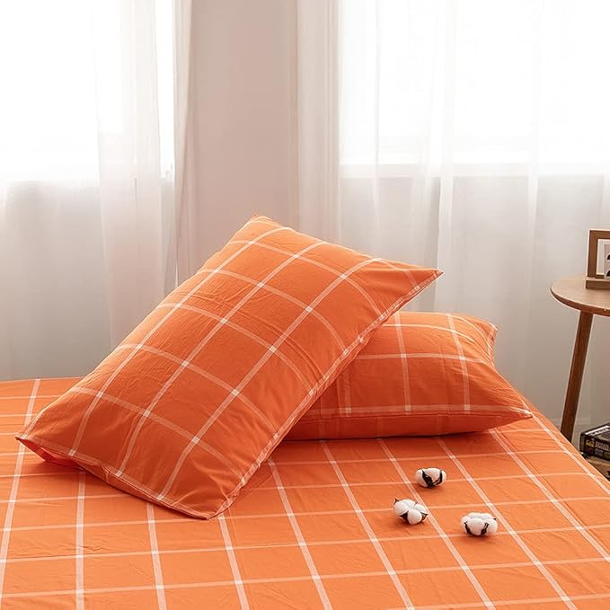 FACE TWO FACE Bedding Duvet Cover Set 3 Pieces 100% Washed Cotton Duvet Cover Linen Like Textured Breathable Durable Soft Comfy (King, Orange Grid)