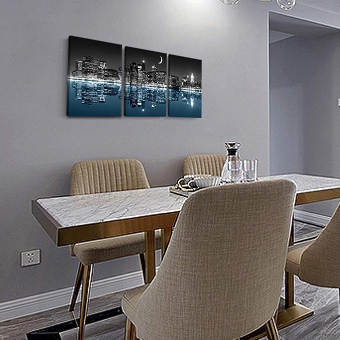 Wall Decor For Living Room Canvas Wall Art For Bedroom Black And White City Luminous Paintings Modern 3 Piece Framed Room Canvas Art Prints Ready To Hang Office Pictures For Home Decoration Artwork