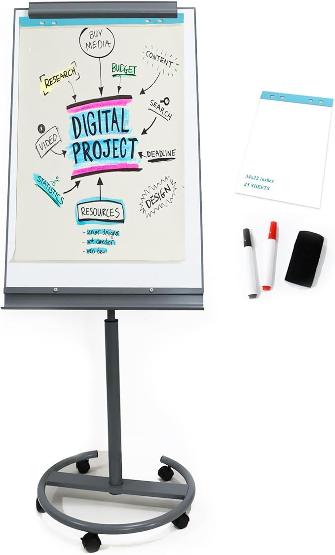 A AIRLLEN Magnetic Whiteboard Easel with Flipchart & Paper Pad – 26x40 Mobile Dry Erase Board on Wheels, Adjustable Height & Tilt for Office or Classroom