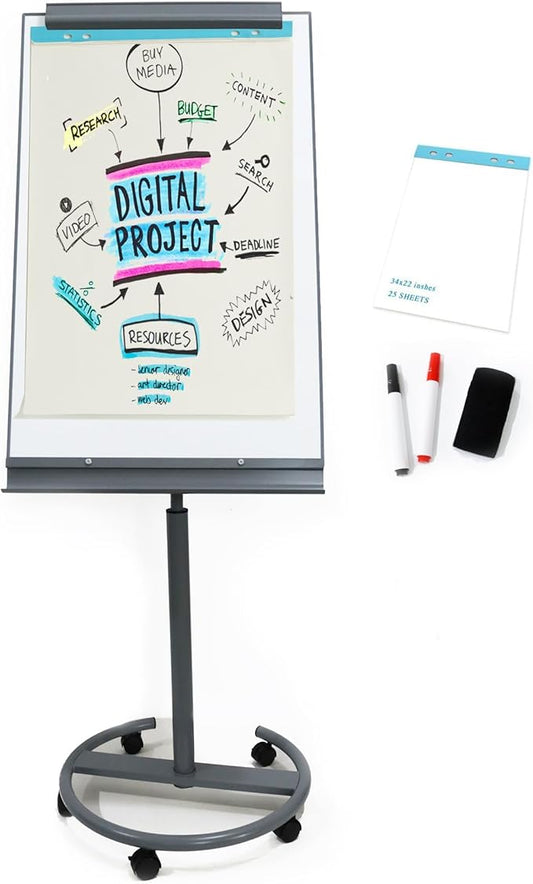 A AIRLLEN Magnetic Whiteboard Easel with Flipchart & Paper Pad – 26x40 Mobile Dry Erase Board on Wheels, Adjustable Height & Tilt for Office or Classroom