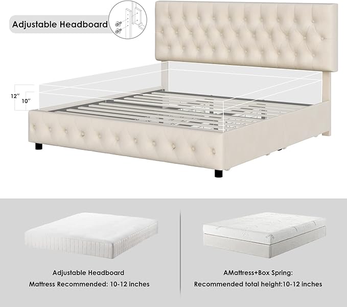 Keyluv Modern Upholstered Bed Frame with 4 Storage Drawers, Button Tufted Headboard Design, Solid Wooden Slat Support, Easy Assembly, Soft Velvet, Beige, King Size
