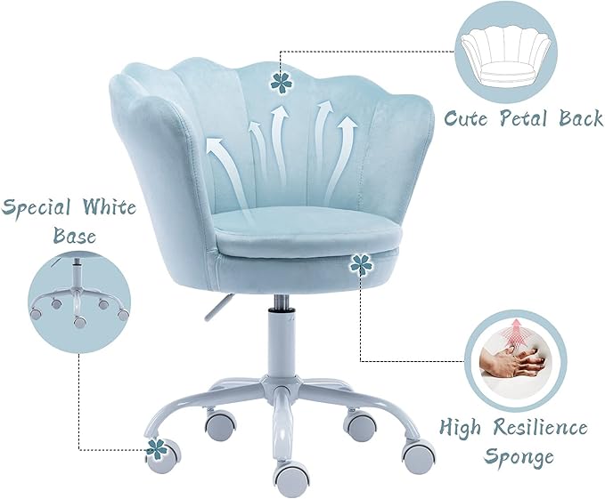 chairus Cute Kids Desk Chair Velvet Living Room Accent Armchair Upholstered Teens Vanity Chair with Seashell Back, Adjustable Swivel Children Study Chair for Computer Homework, Blue