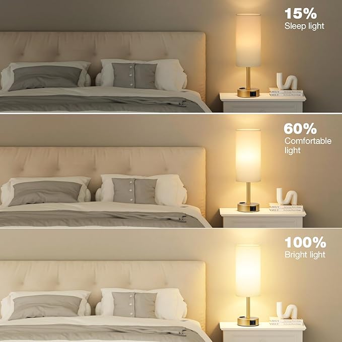 Gold Touch Lamp for Bedroom- 3 Way Dimmable Bedside Lamp USB C A Charging Ports and AC Outlet, Small Table Lamp White Linen Lampshade for Gift, LED Bulb Included