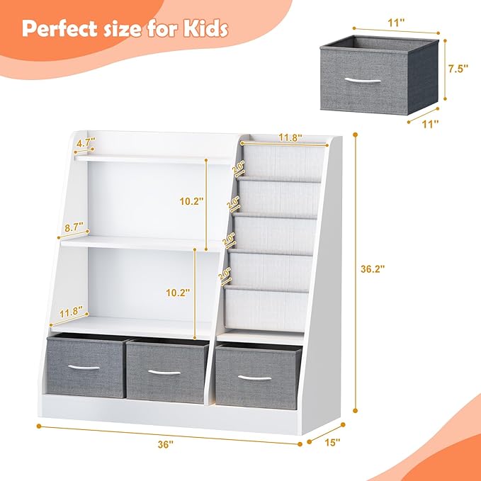White Kids Bookshelf Wood Toy Storage Organizer Cabinet Children Bookcase Toddler Baby Sling Book Rack 3 Cube Bins Fabric Drawers for Playroom Bedroom Nursery School
