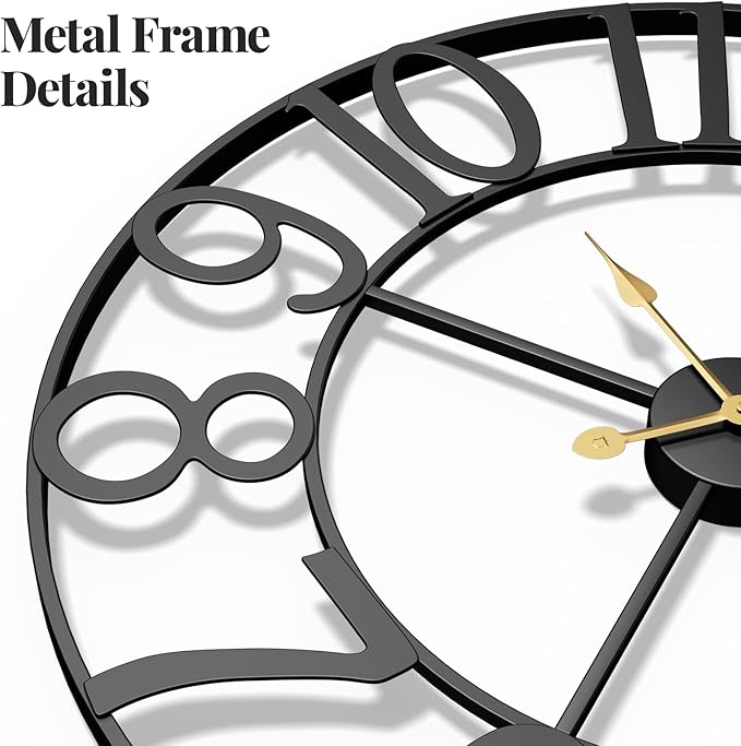 36 Inch Wall Clock, Large Wall Clock Decorative for Living Room, Arabic Numerals Non Ticking Battery-Operated Metal Round Modern Black Wall Clocks for Kitchen, Bedroom, Dining Room, Office