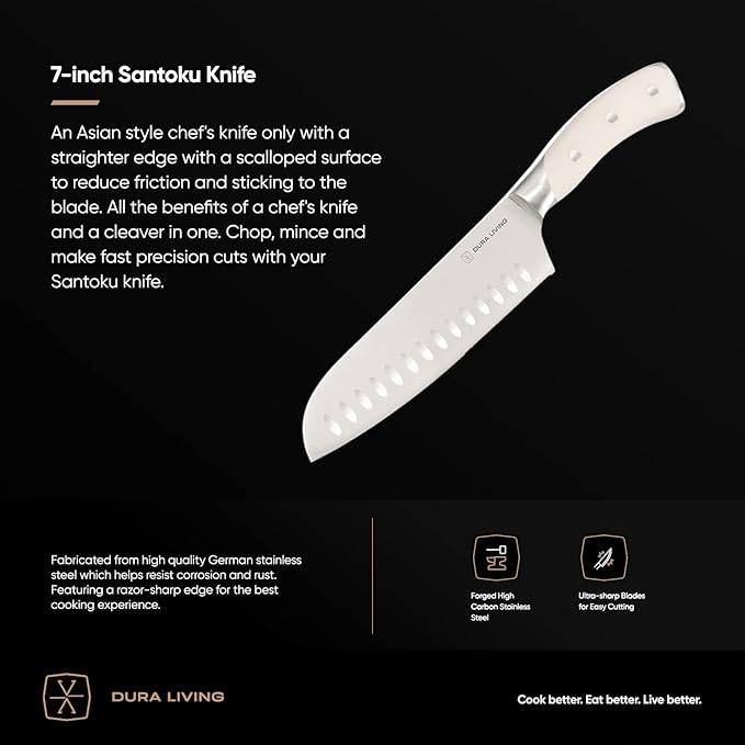 7-Inch Santoku Knife – Ultra-Sharp German High Carbon Stainless Steel, Full Tang, Ergonomic Handle, Multipurpose Kitchen Knife for Chopping, Slicing, and Dicing, Cream
