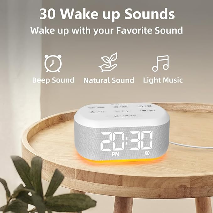 Small Digital Alarm Clock Sound Machine for Bedrooms Brown Noise White Noise Machine Night Light Plug in Desk Clock with 30 Wake up Sounds Alarm Clock for Kids Heavy Sleepers Snooze 32 Levels Volume