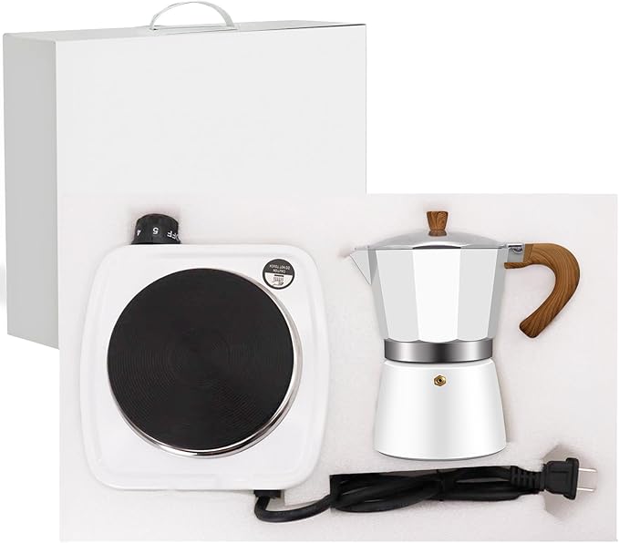 2-in-1 Aluminum Moka Pot Set with Electric Stove Classic Stovetop Espresso Coffee Maker 150ml 5oz Mocha Express Portable Camping Travel Preferred Cafe Makers Italian Cuban Café Brewing 3 Cup