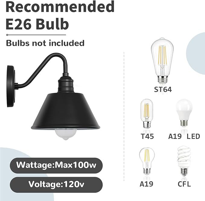 2-Pack Gooseneck Outdoor Light Fixtures, Outdoor Wall Sconces, Farmhouse Barn Light for Porch, Matte Black Iron Wall Light, Waterproof & Anti-Rust, Garage, Patio, Garden, E26 Base