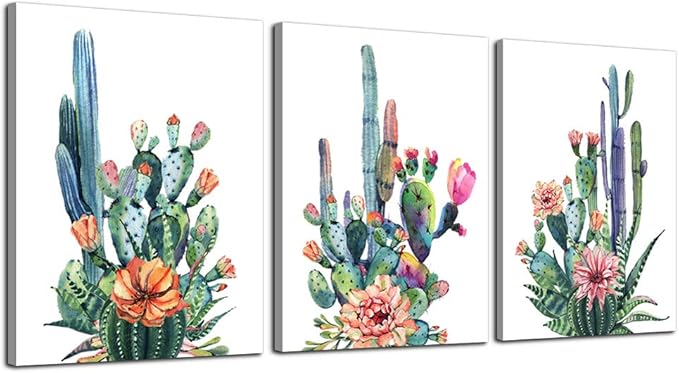 Wall Art for living room Canvas Prints Artwork bathroom Wall Decor Simple Life Green plants cactus Picture Watercolor painting 3 Pieces Framed bedroom wall decorations Office Works Home Decoration